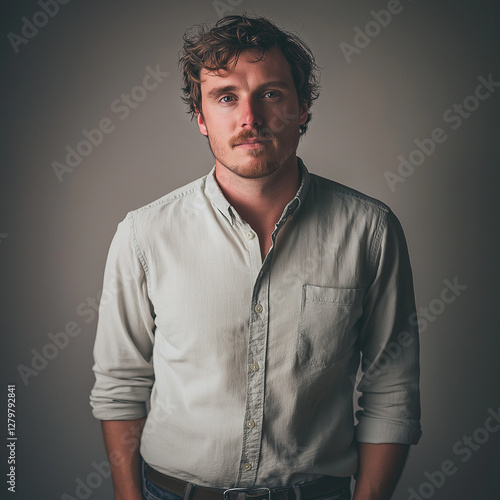 Wallpaper Mural Portrait of a Man Casual Light Beige Shirt Studio Shot Torontodigital.ca