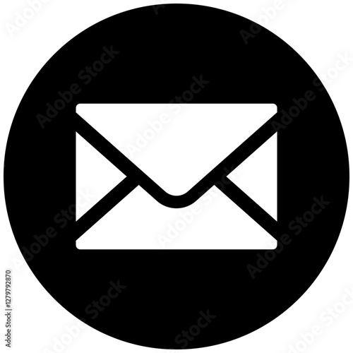 Black single round email icon, simple mail envelope flat design vector pictogram, infographic interface elements for app logo web button ui ux isolated on white background