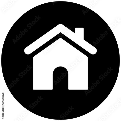 Black single round homepage button icon, simple house real estate flat design concept pictogram vector for app ads web banner button ui ux interface elements isolated on white background