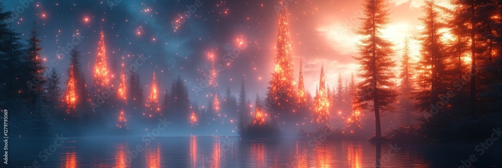 Enchanting fiery forest scene at night reflecting on calm lake water. Enchanting fiery forest scene at night reflecting on calm lake water.