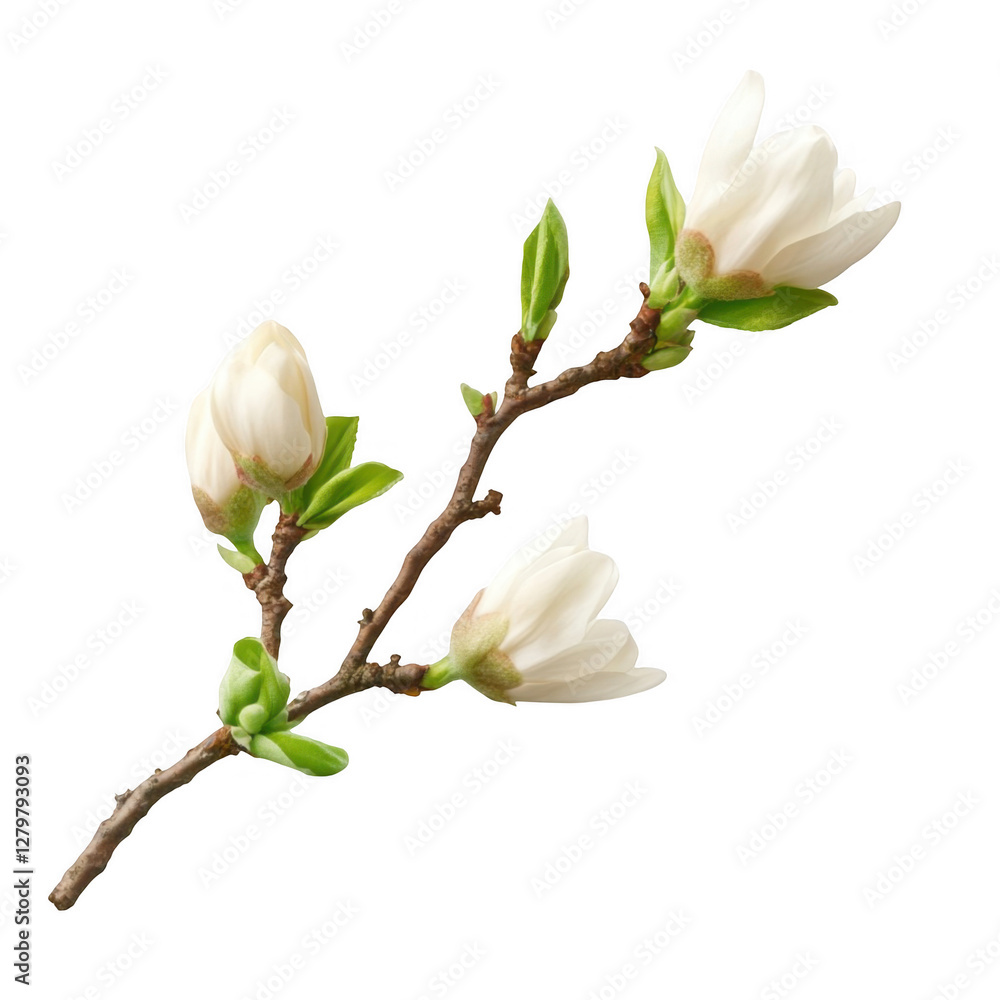 Obraz premium Delicate White Magnolia Blossoms on Branch with Fresh Green Leaves