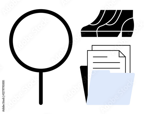 Magnifying glass, stack of papers, folder, and judges gavel signify meticulous legal research, document examination, and judicial processes. Ideal for law, justice, investigation court proceedings