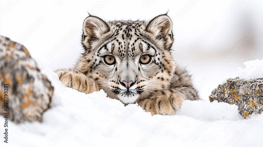 Obraz premium Snow leopard cub peering from snow.