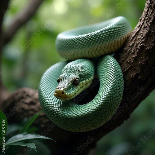 Eine giftige Schlange windet sich elegant um einen Baumstamm, ihre schillernden Schuppen glitzern im Sonnenlicht, während sie durch das Blätterdach gleitet.  photo