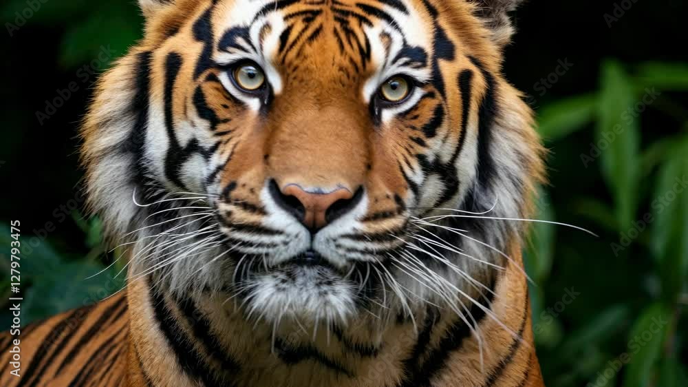 Close-up video of a tiger's face, capturing intense gaze and vibrant stripes. Eye-level angle emphasizes the tiger's majestic presence in the wild. Close-up video of a tiger's face, capturing intense gaze and vibrant stripes. Eye-level angle emphasizes the tiger's majestic presence in the wild.
