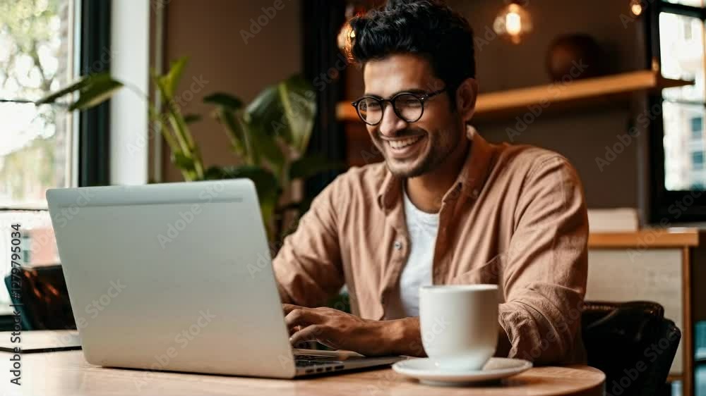 A smiling man works on a laptop in a cozy cafe. The video captures a warm, inviting atmosphere from a side angle, highlighting natural light and decor. A smiling man works on a laptop in a cozy cafe. The video captures a warm, inviting atmosphere from a side angle, highlighting natural light and decor.