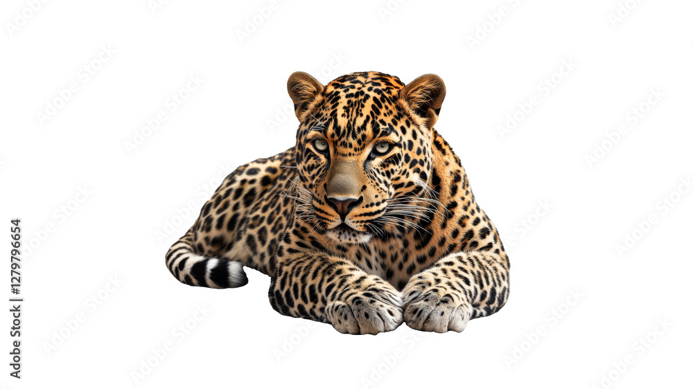 Obraz premium Leopard resting on a white background in calm pose
