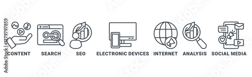 Digital Markating icon set vector illustration concept with icon of content, search, seo, electronic devices, internet, analysis,social media 