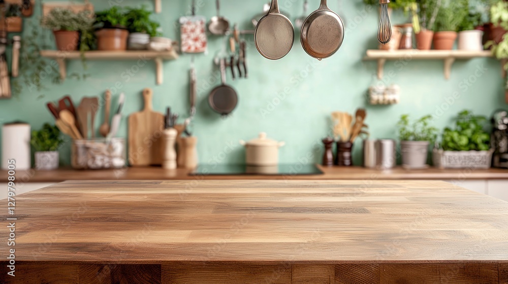 Rustic Kitchen Tabletop with Blurred Background of Culinary Tools and Herbs Rustic Kitchen Tabletop with Blurred Background of Culinary Tools and Herbs