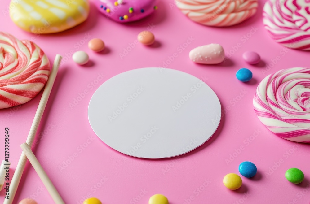 Fototapeta premium Colorful candy display with round blank space for text, vibrant sweets and lollipops on a pink background creating a playful and joyful atmosphere