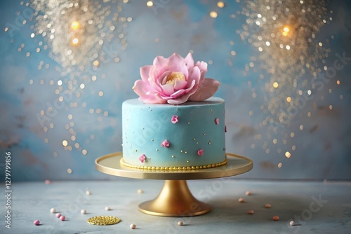 Elegant Pastel Blue Cake with Delicate Pink Floral Decoration on Golden Cake Stand