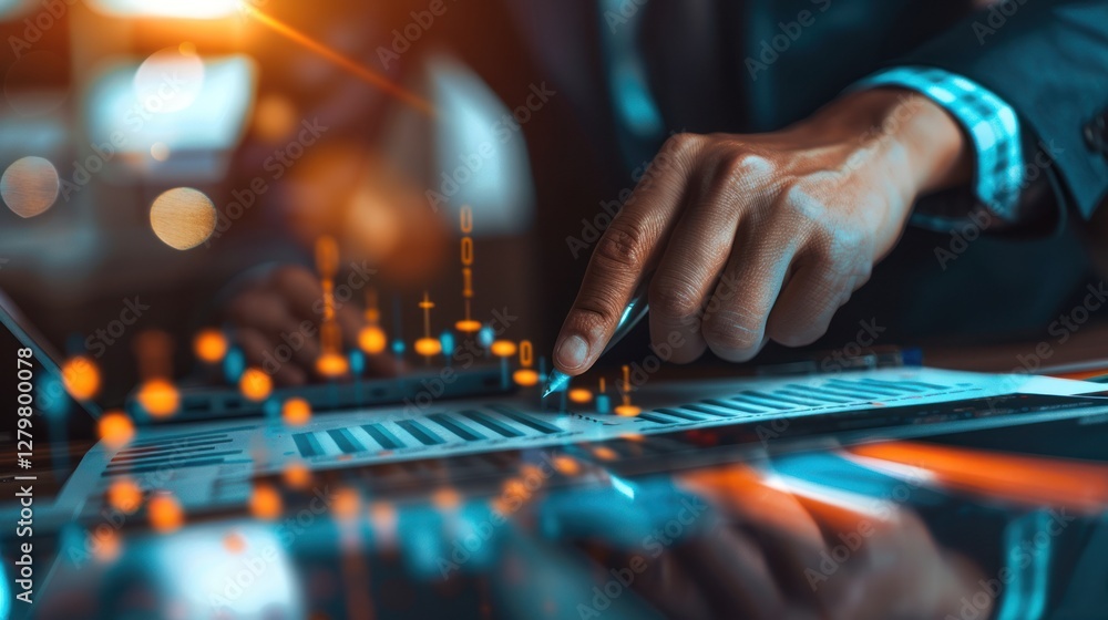 Businessman analyzing financial data at night Businessman analyzing financial data at night