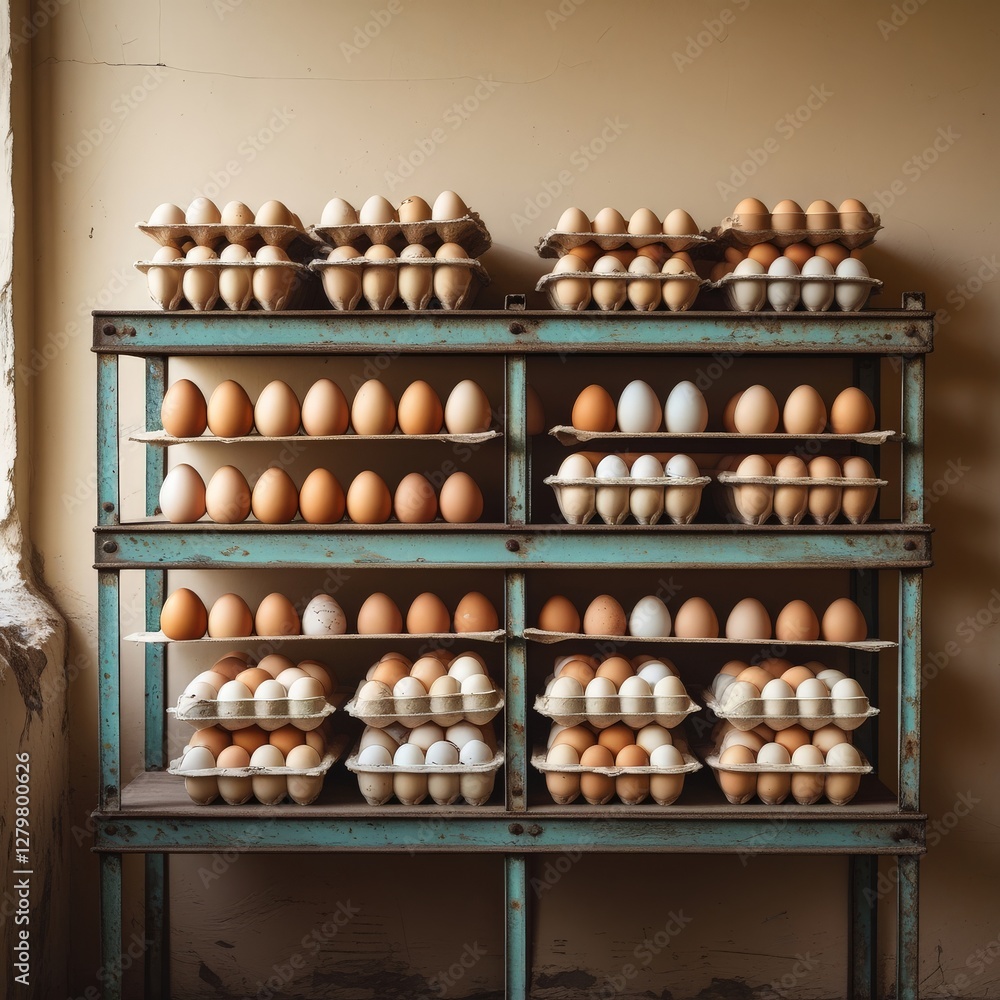 a rack with a large number of packages of chicken eggs a rack with a large number of packages of chicken eggs