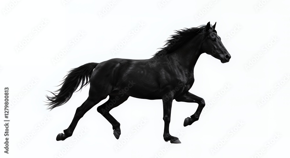 A black horse in mid-gallop against a white background, showcasing grace and movement. A black horse in mid-gallop against a white background, showcasing grace and movement.