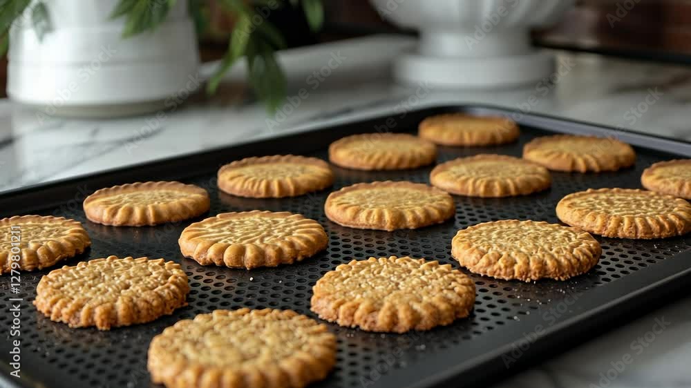 Freshly baked cookies on a baking sheet in a kitchen