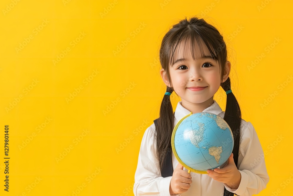 Cute Little Girl in White School Uniform with Globe Isolated on Yellow Background Cute Little Girl in White School Uniform with Globe Isolated on Yellow Background