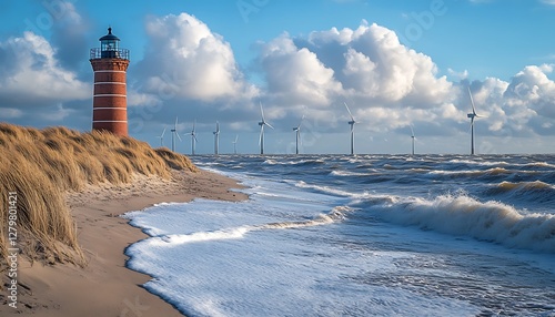 Coastal lighthouse with wind turbines