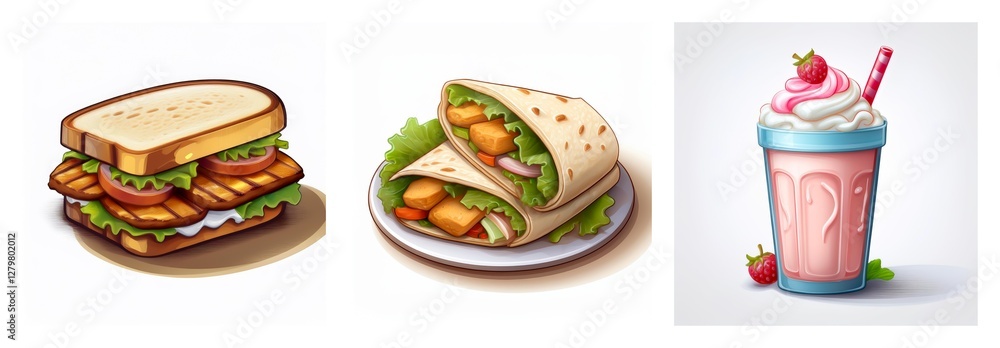 A set of three food items displayed: a sandwich, a wrap, and a milkshake, each presented separately on a white background. A set of three food items displayed: a sandwich, a wrap, and a milkshake, each presented separately on a white background.
