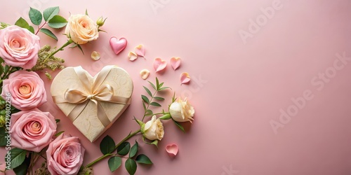 Heart-shaped gift box with pastel roses and pink hearts on a soft pink background, a lovely romantic composition for a special occasion