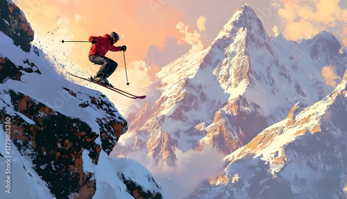 Skier executes a daring jump over a snowy mountain edge