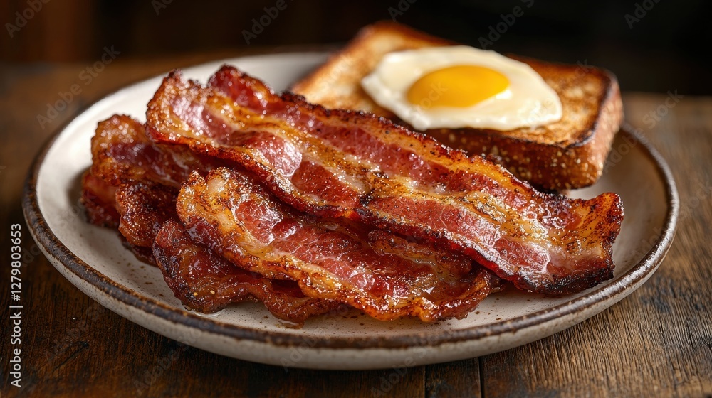 Crispy bacon strips with a fried egg on toast. Crispy bacon strips with a fried egg on toast.