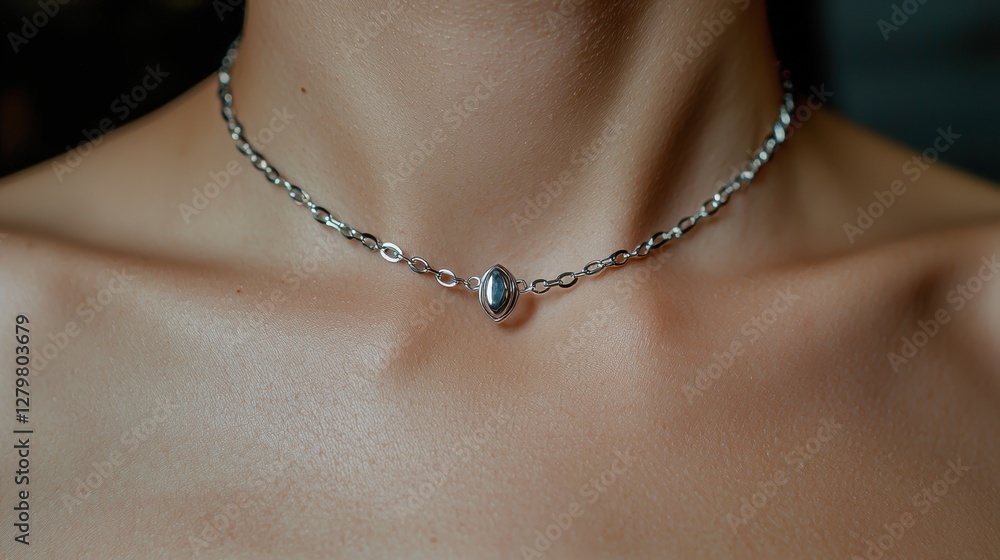Elegant silver chain necklace on a woman's neck. Elegant silver chain necklace on a woman's neck.