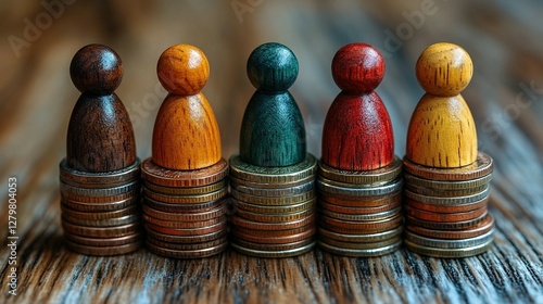Five Wooden Figures Standing On Stacks Of Coins And Representing Wealth