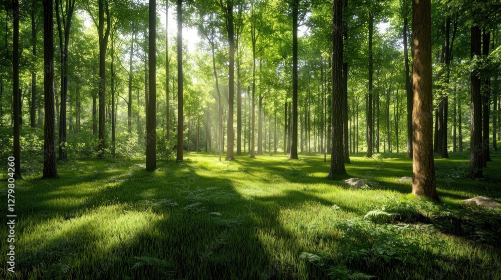 Fototapeta premium Sunlit Forest Path: A Tranquil Escape into Nature's Embrace