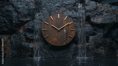 Wallpaper Mural A wooden clock hangs on a rock wall with water flowing around it. Torontodigital.ca