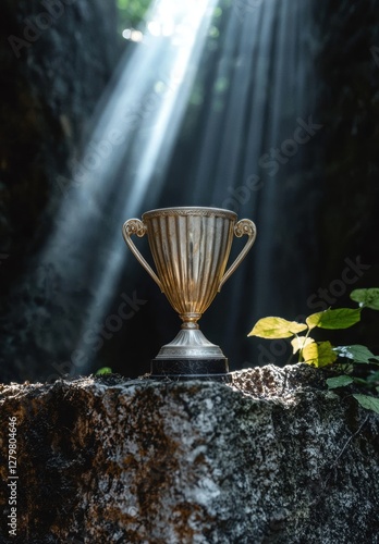 A gold trophy sits on a rock in the forest, illuminated by sunlight. photo