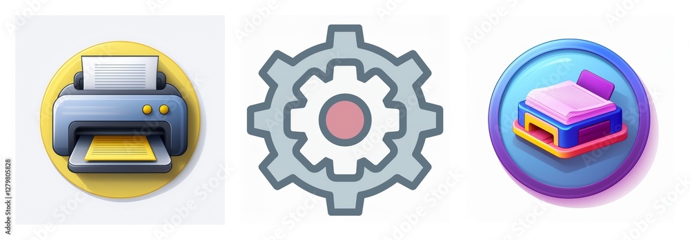 Three glossy icons on white: a printer with paper on yellow circle, a gear/cogwheel, and a bed on blue circle. Three glossy icons on white: a printer with paper on yellow circle, a gear/cogwheel, and a bed on blue circle.