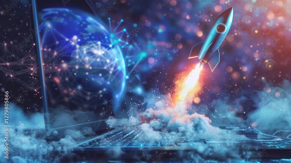 Fototapeta premium Global digital rocket launch from laptop, futuristic background
