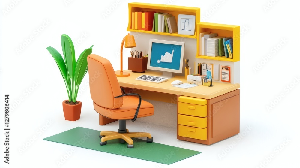 Fototapeta premium Modern Home Office Setup with Desk, Chair, Computer and Plants