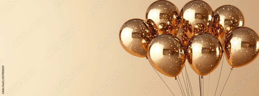 Elegant Gold Balloons with Confetti on a Soft Neutral Background for Celebratory Events and Decorative Occasions Elegant Gold Balloons with Confetti on a Soft Neutral Background for Celebratory Events and Decorative Occasions