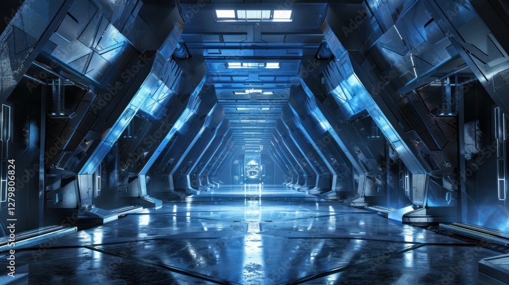 Fototapeta premium Futuristic corridor, glowing blue interior, reflecting light, advanced technology