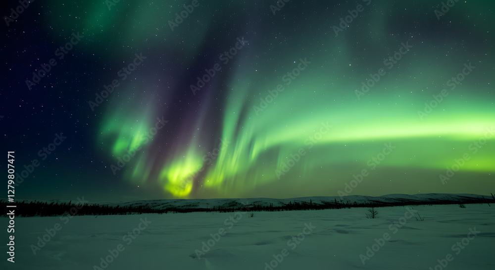 Aurora borealis casting a magical green and purple glow over a snowy tundra Aurora borealis casting a magical green and purple glow over a snowy tundra