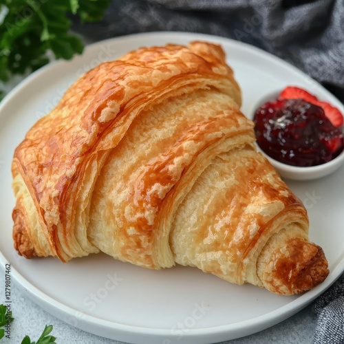 Freshly Baked Croissant with Strawberry Jam on White Plate