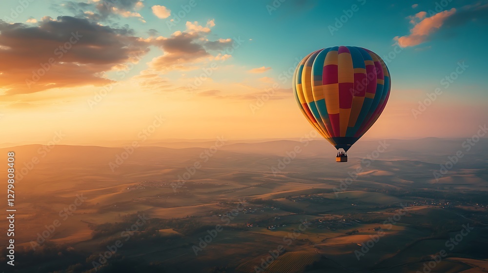 Fototapeta premium Colorful hot air balloon over golden hills at sunset. Possible use Travel brochure, tourism advertisement, social media post