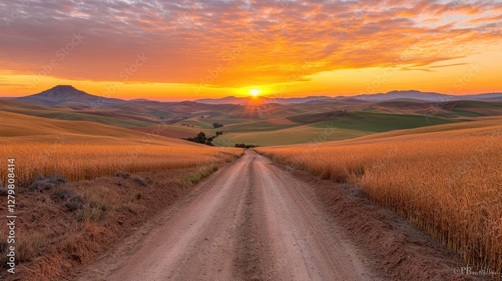 Fototapeta premium Sunrise over rolling hills, dirt road leads to vibrant fields