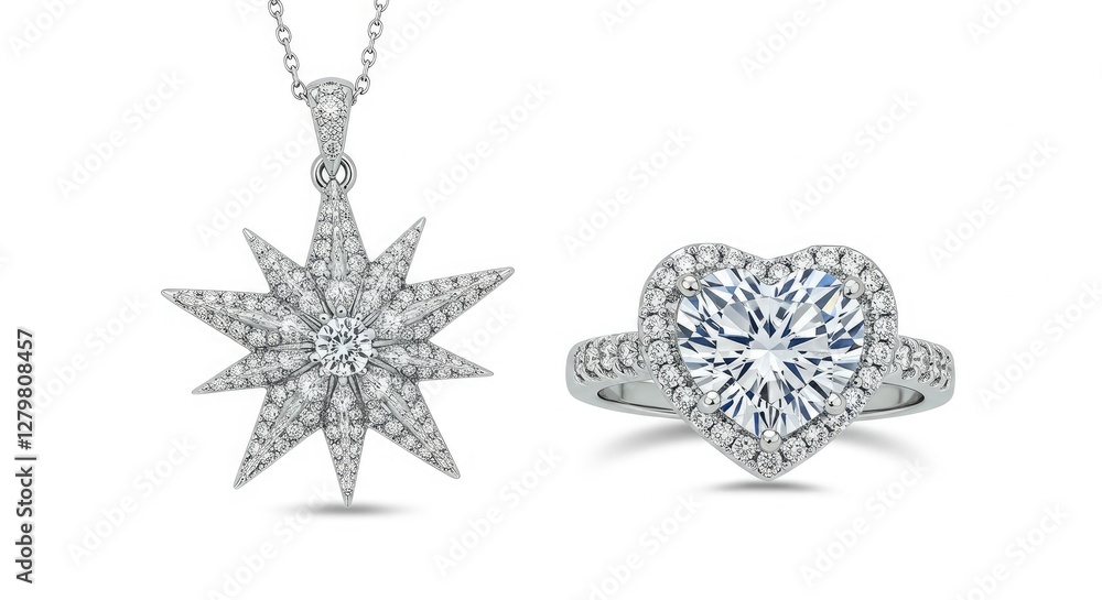 Elegant Diamond Star Pendant Necklace and Heart Ring Fine Jewelry Elegant Diamond Star Pendant Necklace and Heart Ring Fine Jewelry