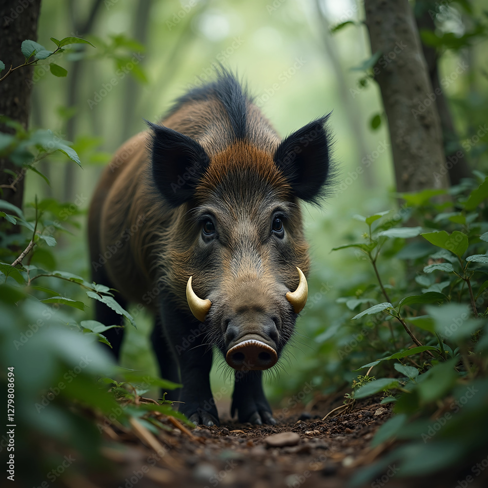 Ein wildes Wildschwein streift durch den dichten Dschungel, sein borstiges Fell und seine scharfen Zähne zeichnen sich deutlich im grünen Dickicht ab.  