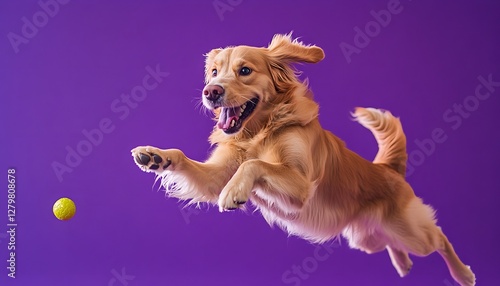 Golden retriever mid air leaps for a yellow tennis ball