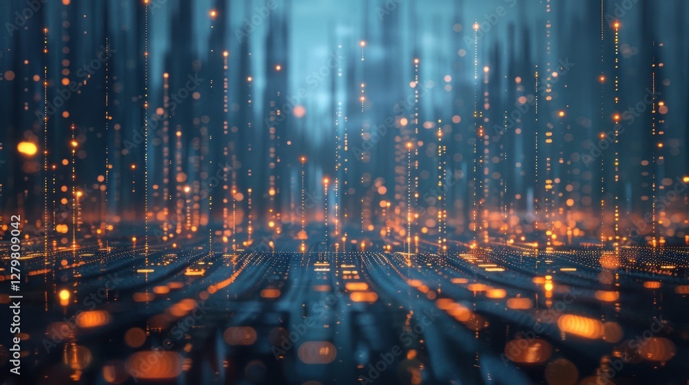 Fototapeta premium Futuristic city data network graphic; digital lines connect city. Use Presentation background