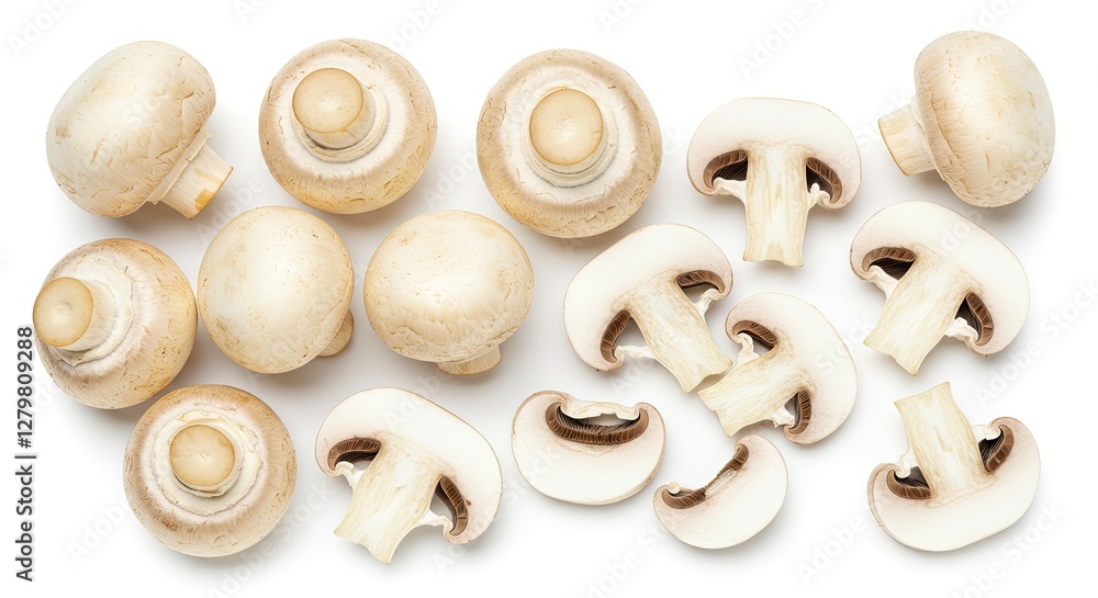 Fresh White Button Mushrooms Whole and Sliced on White Background Fresh White Button Mushrooms Whole and Sliced on White Background