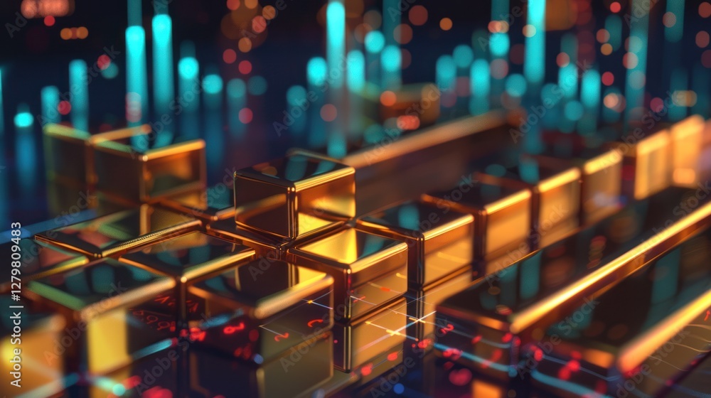Obraz premium Golden cubes in a digital landscape with vibrant glowing lines