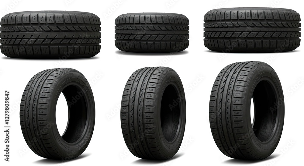 Car Tires Assortment Winter and Summer Tread Patterns on White Background Car Tires Assortment Winter and Summer Tread Patterns on White Background
