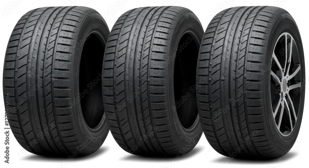 Three New Car Tires with Rim Isolated for Automotive Industry Three New Car Tires with Rim Isolated for Automotive Industry