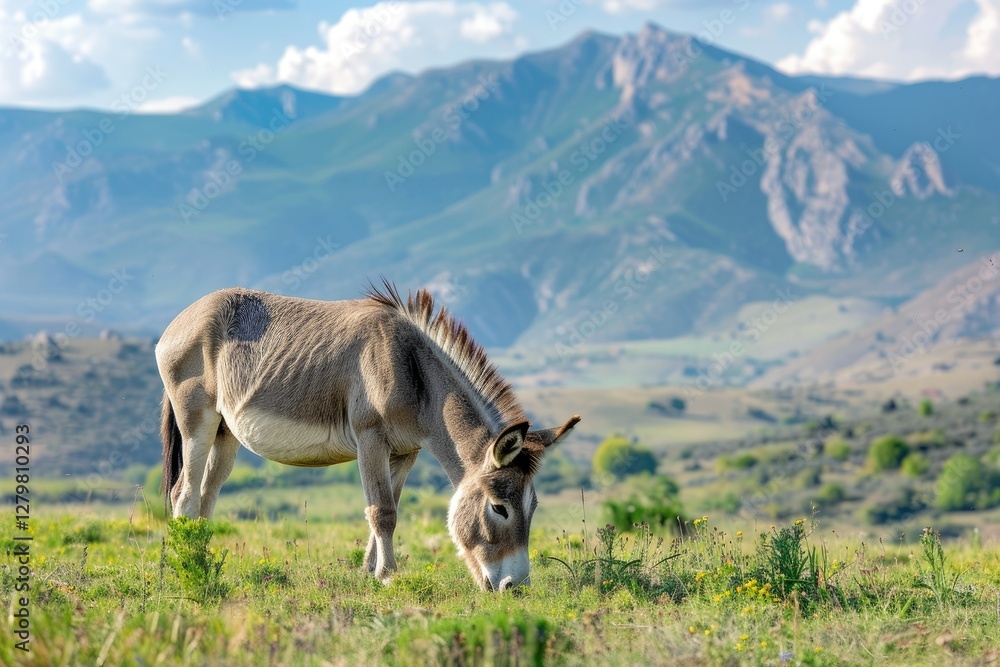 Beautiful View of a Donkey Grazing on a Grasscovered Field with the Mountains in the Background Beautiful View of a Donkey Grazing on a Grasscovered Field with the Mountains in the Background