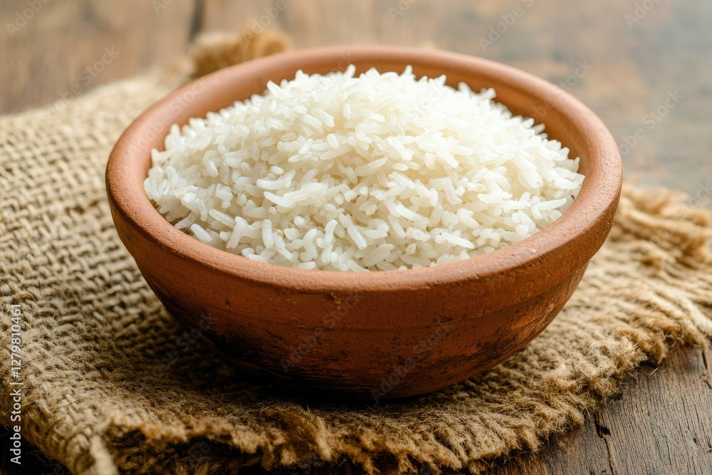Cooked Plain White Basmati Rice in Terracotta Bowl Over Plain or Wooden Background