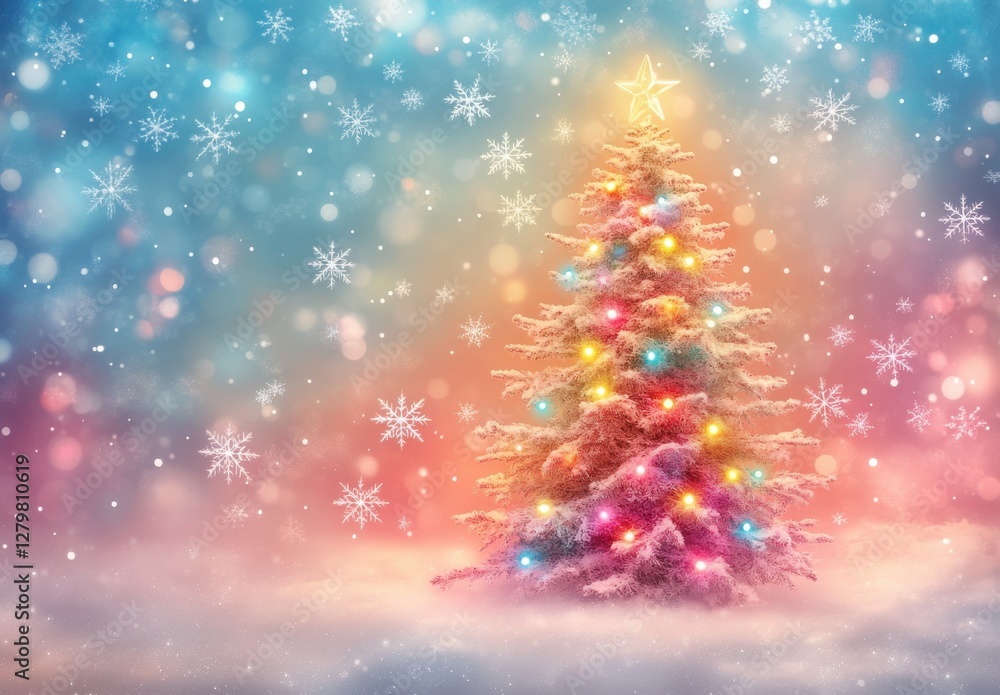 Festive Christmas Tree Dazzling with Colorful Lights Surrounded by Flurries of Snowflakes in a Magical Winter Wonderland Festive Christmas Tree Dazzling with Colorful Lights Surrounded by Flurries of Snowflakes in a Magical Winter Wonderland